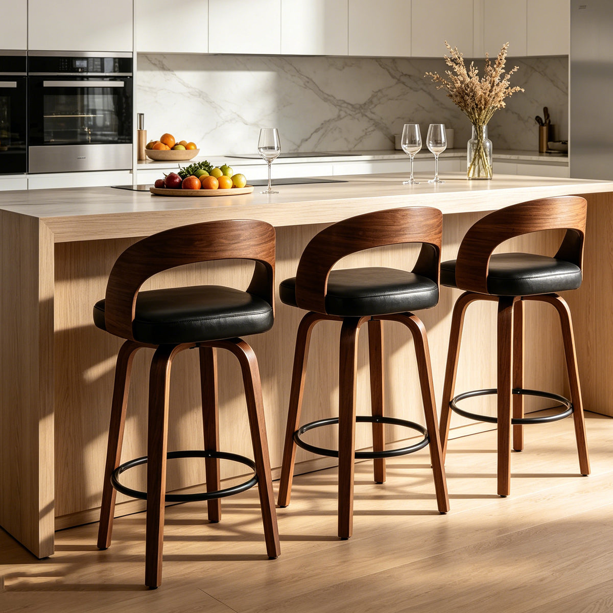 FANCROU Modern 360° Swivel Bar Stools Set of 2, Faux Leather Counter Height Bar Chairs with Backrest and Walnut Wood Legs