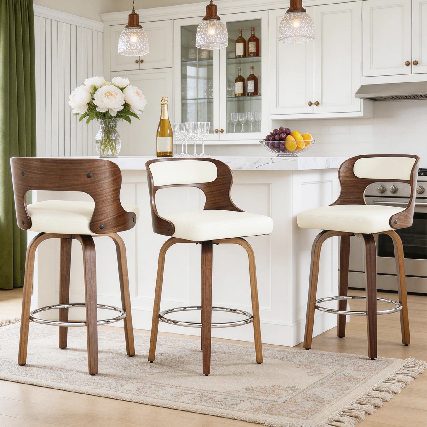 27 inch Swivel Counter Height Bar Stools, PU Leather Seat with Bentwood Legs and Metal Silver Ring for Kitchen Island