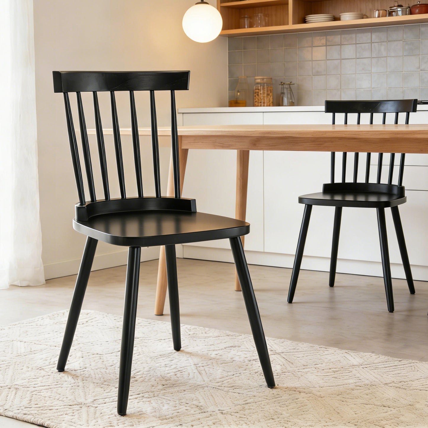 Fancrou Farmhouse Windsor Dining Chairs Set of 4, Spindle Back Wood Chairs for Kitchen and Living Room, Country Style Restaurant Seating, Black