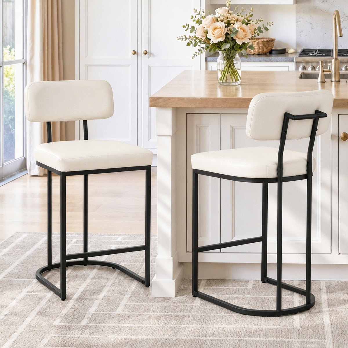 CRERIYO Counter Height Bar Stool Set of 1, Upholstered Kitchen Island Chair with Thick Padded Seats, Backrests and Sturdy Metal Frame
