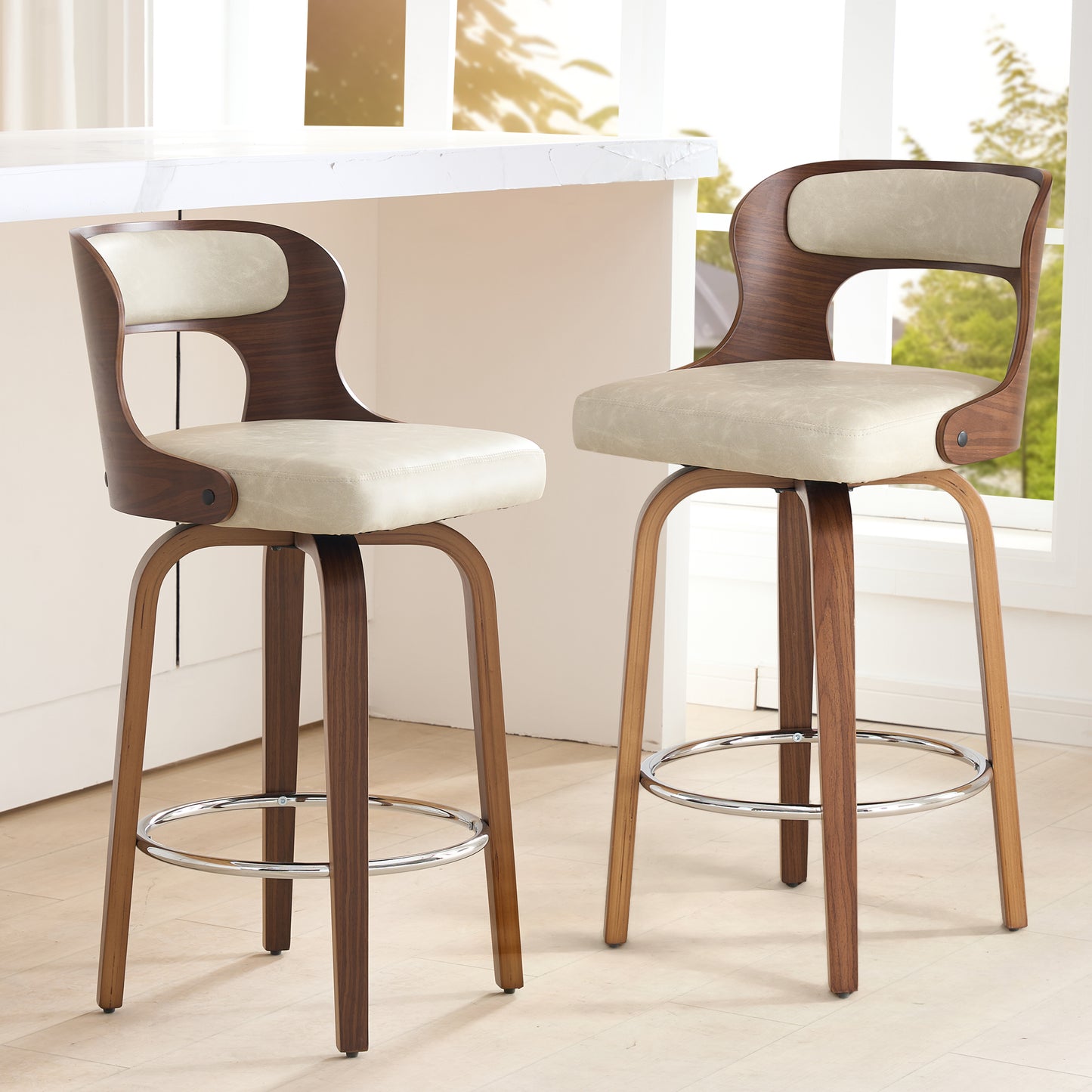 FANCROU 26 inch Swivel Counter Height Bar Stools Set Of 1, PU Leather Seat With Bentwood Back And Legs