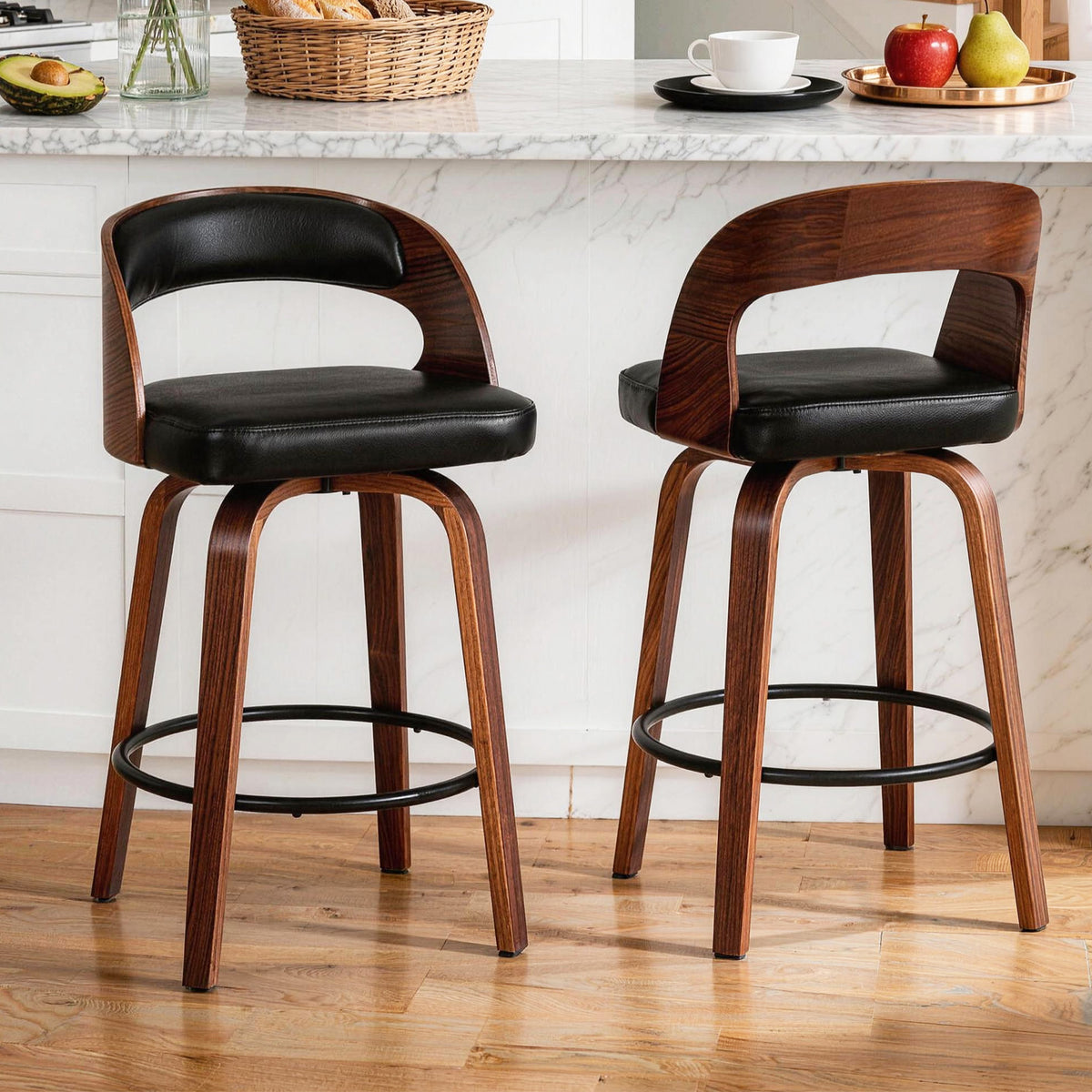 ClinQ Modern Walnut 360° Swivel Bar Stool Set of 3, Counter Height Kitchen Island Chair with Silver Footrest Ring,Upholstered Seat and Open Back