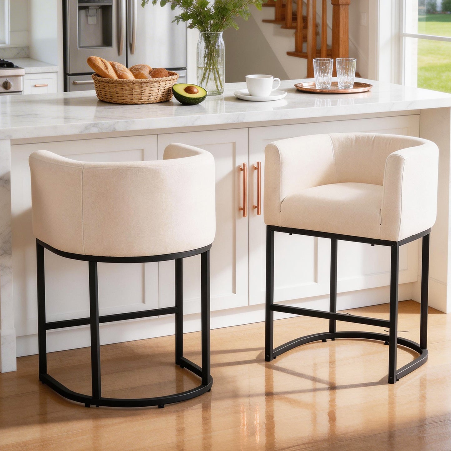 27 in Counter Height Bar Stools, Fabric Upholstered Modern Barrel Accent Stools with Metal Frame
