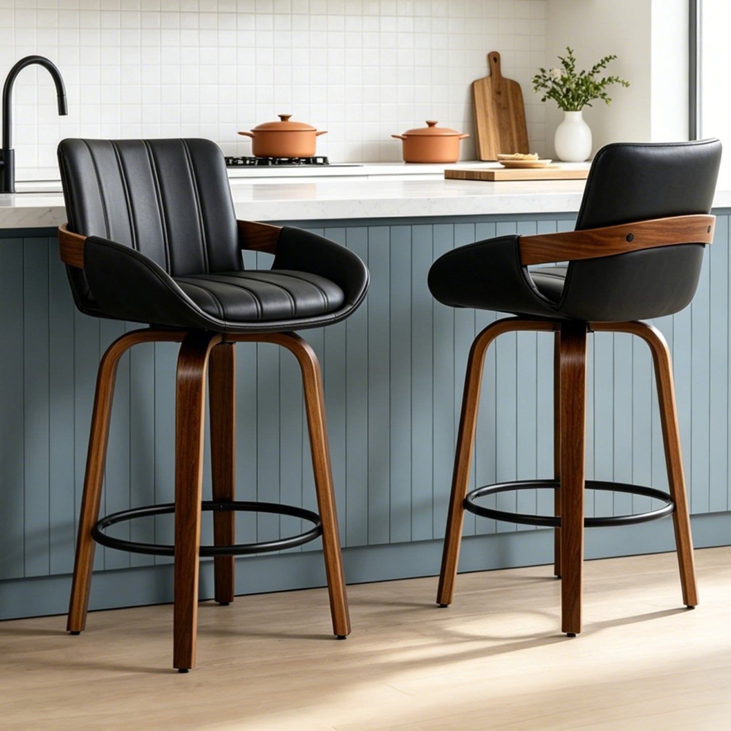 ClinQ Counter Height Swivel Bar Stools, Linen Fabric Upholstered 360° Rotating Chairs with Walnut Legs and Metal Footrest,