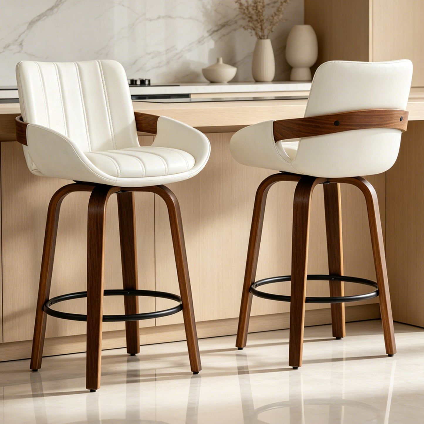 CRERIYO 26" Swivel Counter Height Bar Stools, PU Leather Upholstered Bar Chairs with Black Ring Footrest and Walnut Wood Legs, Beige