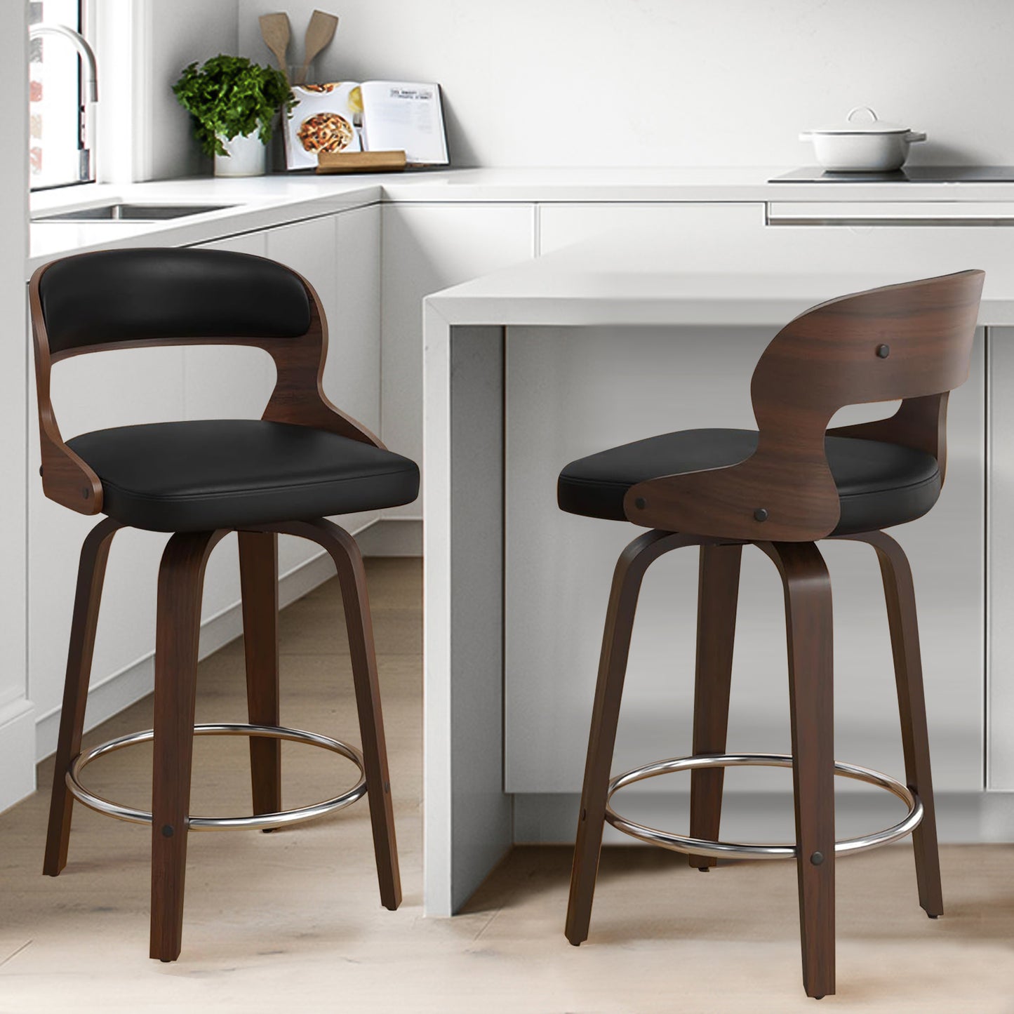 FANCROU 26 inch Swivel Counter Height Bar Stools Set Of 1, PU Leather Seat With Bentwood Back And Legs