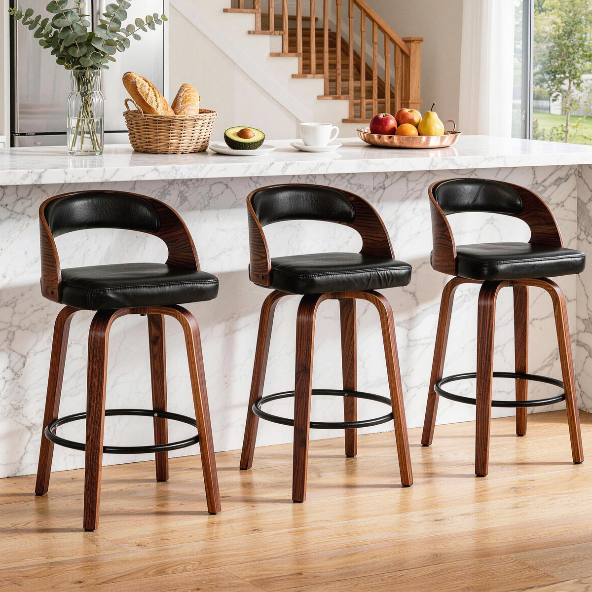 ClinQ Modern Walnut 360° Swivel Bar Stool Set of 3, Counter Height Kitchen Island Chair with Silver Footrest Ring,Upholstered Seat and Open Back