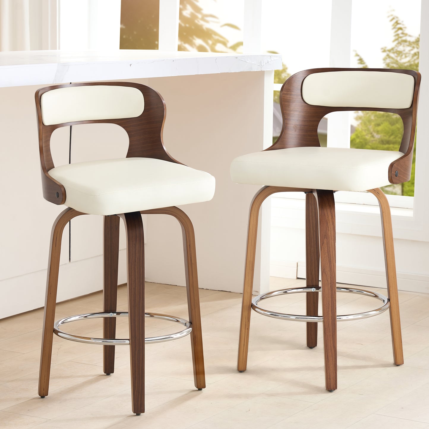 FANCROU 26 inch Swivel Counter Height Bar Stools Set Of 1, PU Leather Seat With Bentwood Back And Legs