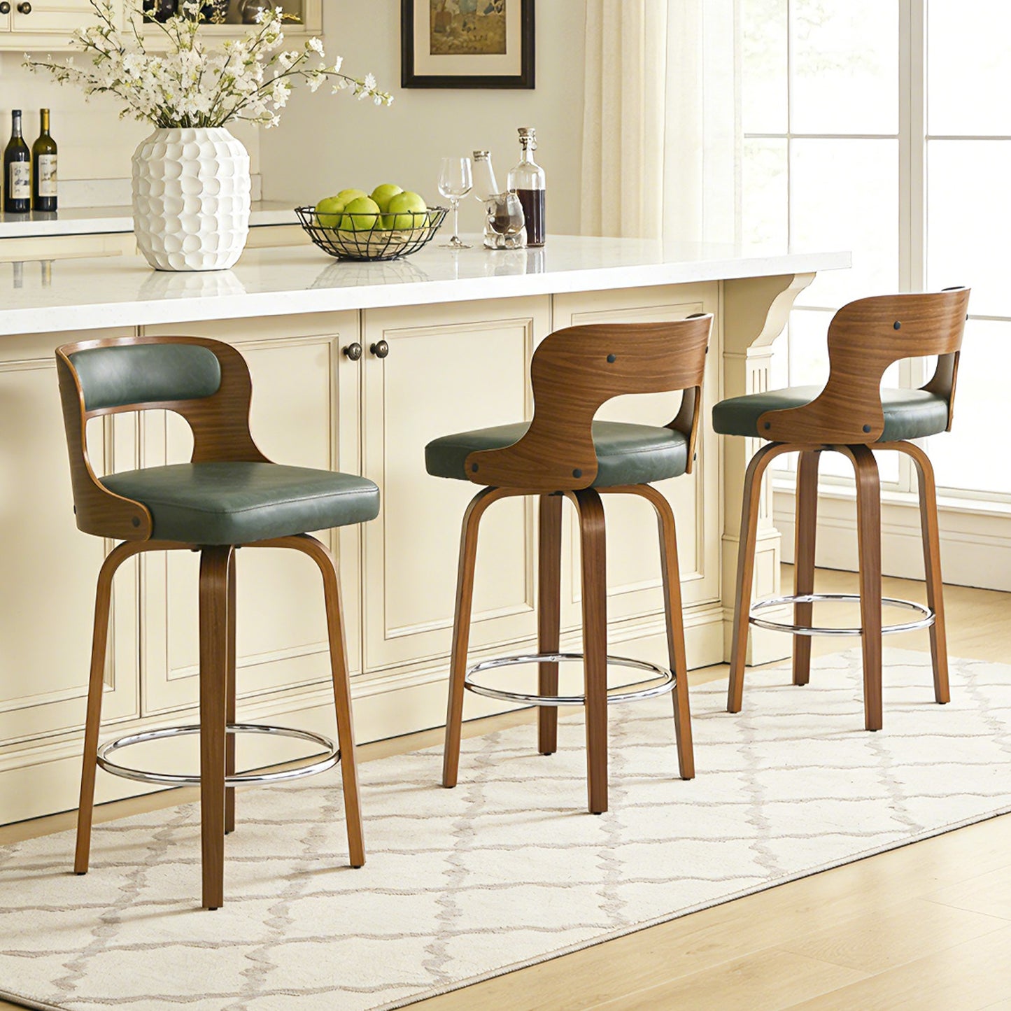 27 inch Swivel Counter Height Bar Stools, PU Leather Seat with Bentwood Legs and Metal Silver Ring for Kitchen Island
