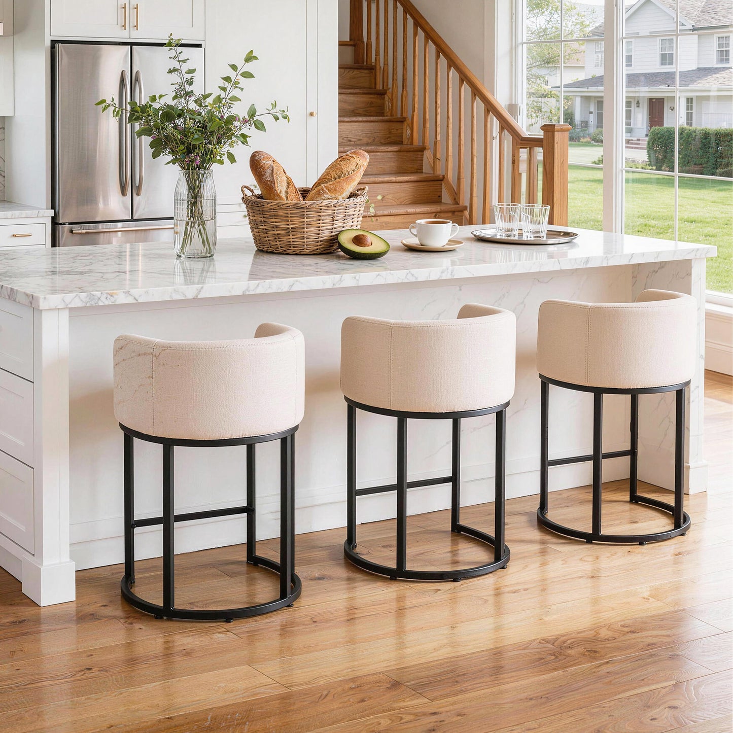 27 in Counter Height Bar Stools, Fabric Upholstered Modern Barrel Accent Stools with Metal Frame
