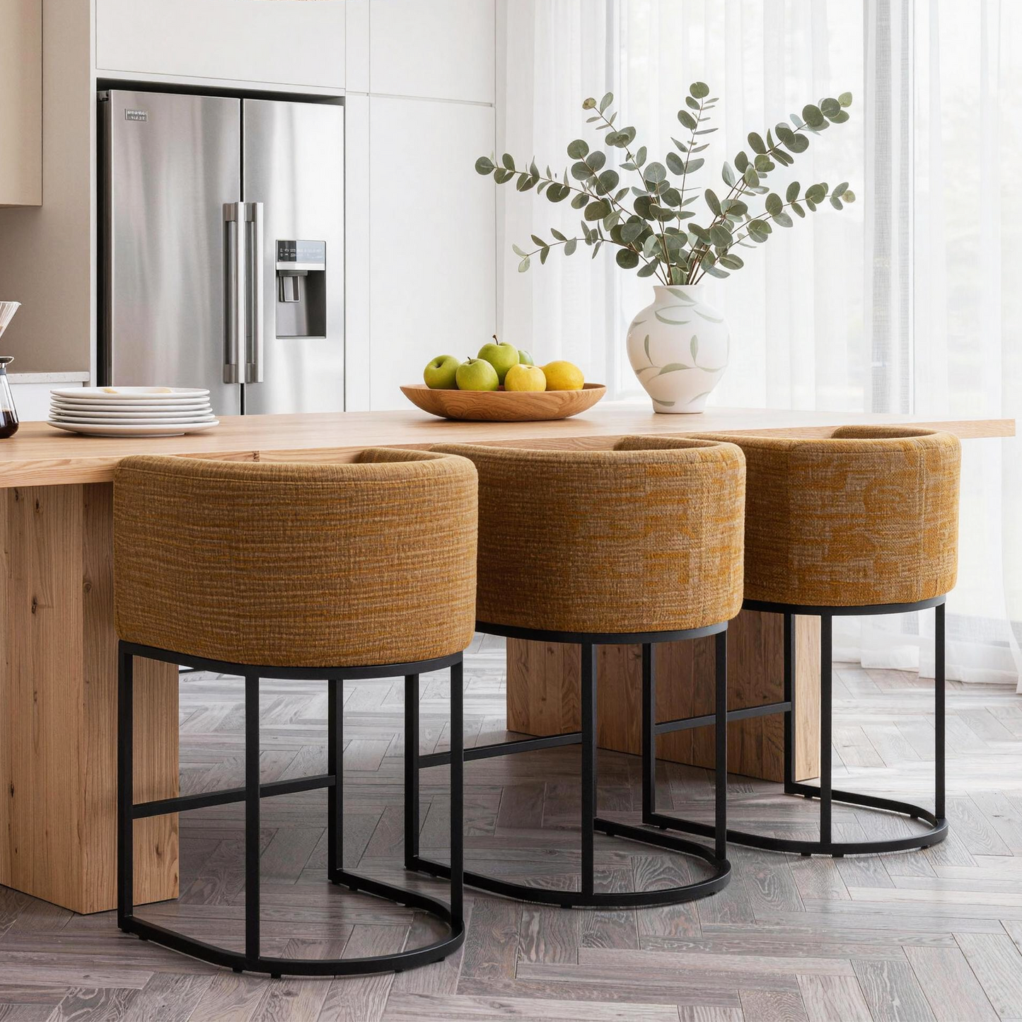 ClinQ Counter Height Bar Stool Set of 2, 26 in Fabric Upholstered Seat, Metal Legs for Indoor Dining Room and Kitchen Island