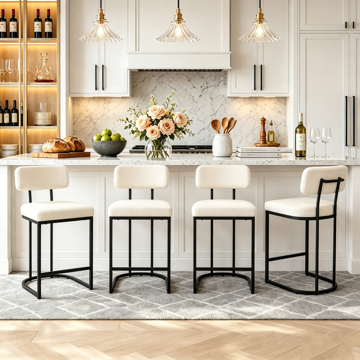CRERIYO Counter Height Bar Stool Set of 1, Upholstered Kitchen Island Chair with Thick Padded Seats, Backrests and Sturdy Metal Frame