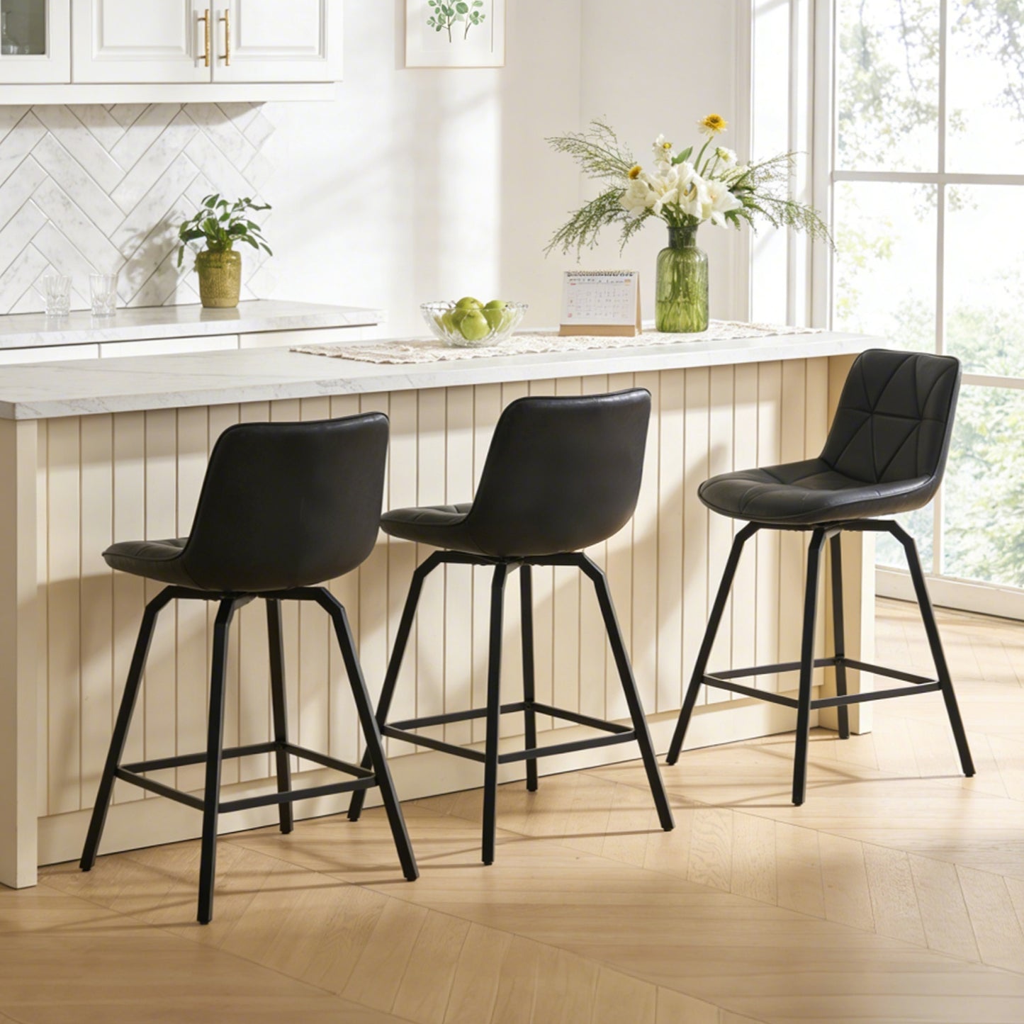ClinQ 26 inch Swivel Counter Height Bar Stool Set of 3, Faux Leather Seat with Metal Legs and Back