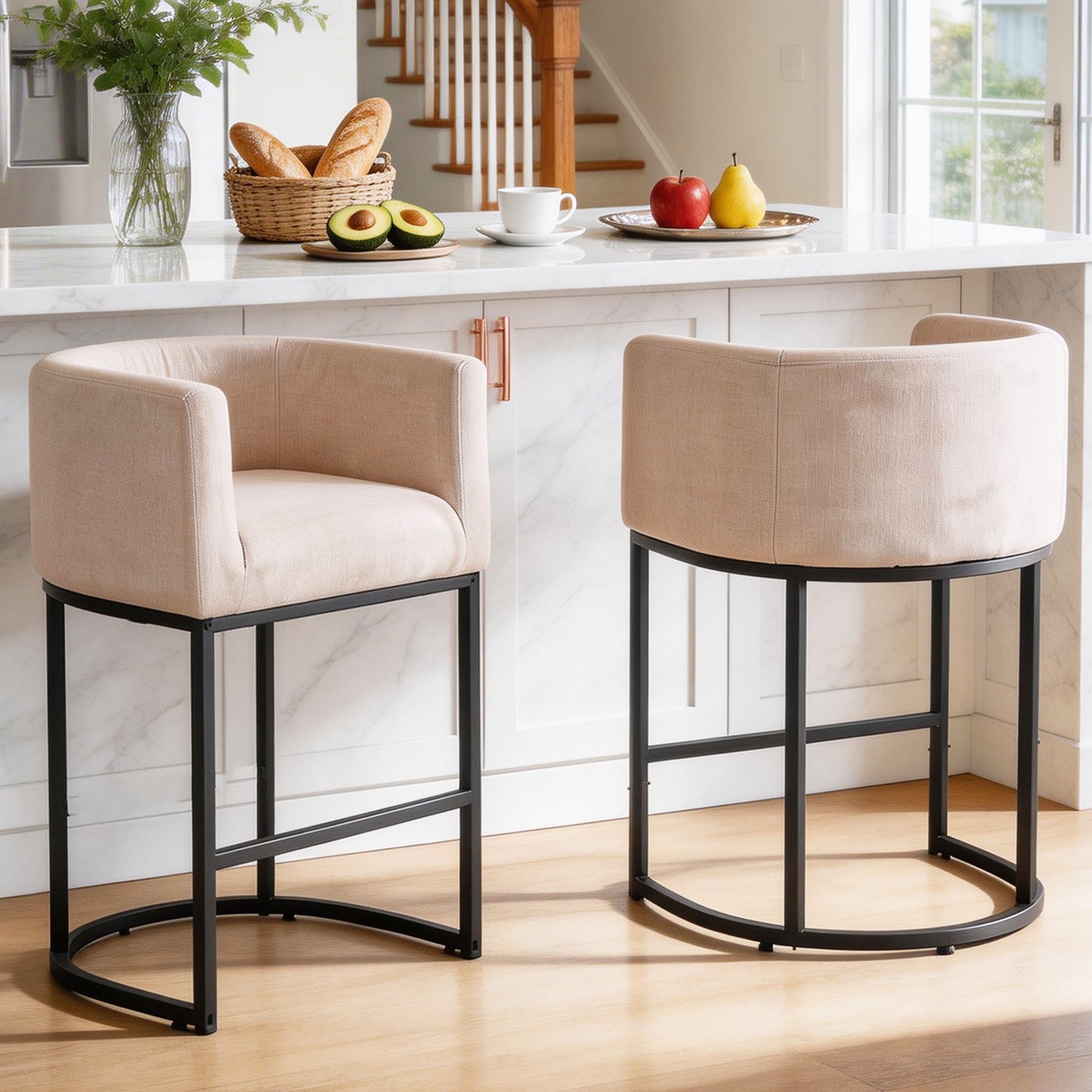 27 in Counter Height Bar Stools, Fabric Upholstered Modern Barrel Accent Stools with Metal Frame