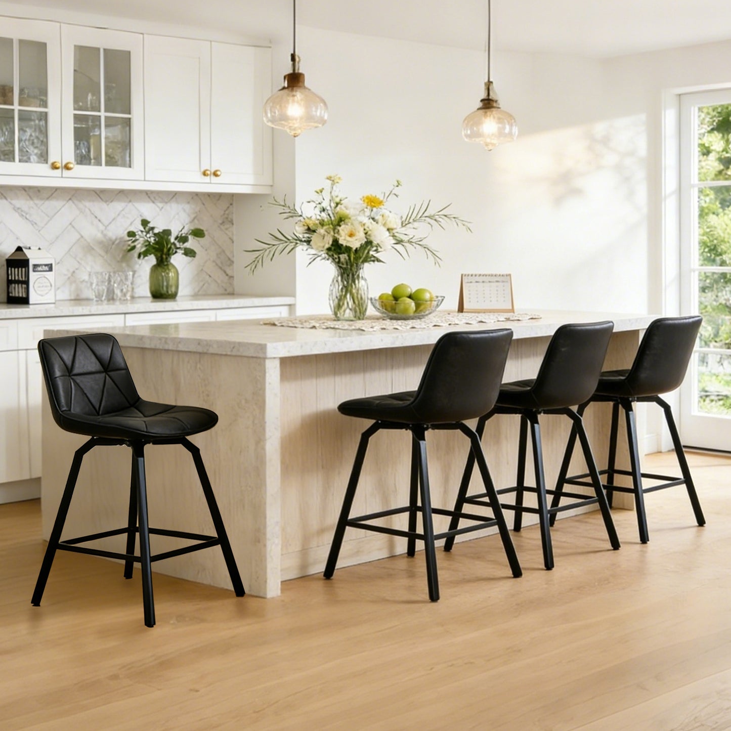 ClinQ 26 inch Swivel Counter Height Bar Stool Set of 3, Faux Leather Seat with Metal Legs and Back