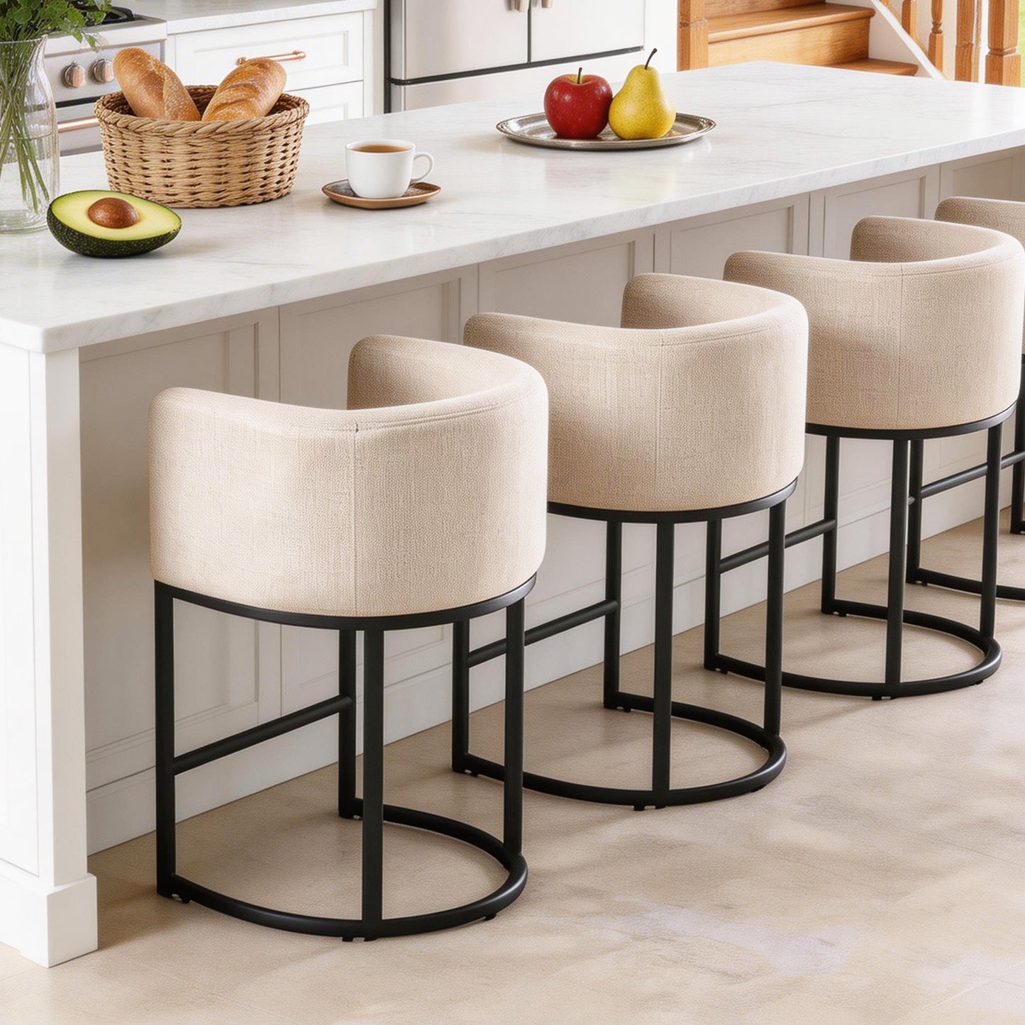27 in Counter Height Bar Stools, Fabric Upholstered Modern Barrel Accent Stools with Metal Frame