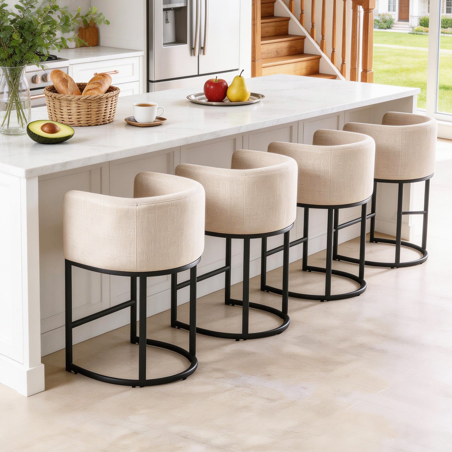 27 in Counter Height Bar Stools, Fabric Upholstered Modern Barrel Accent Stools with Metal Frame