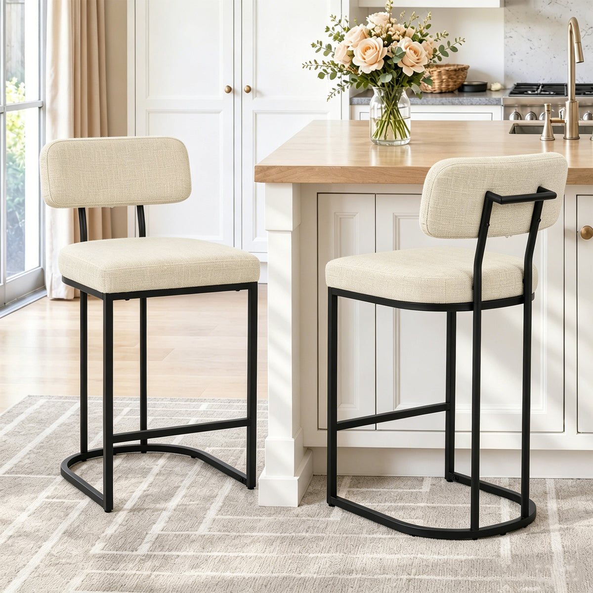 CRERIYO Counter Height Bar Stool Set of 1, Upholstered Kitchen Island Chair with Thick Padded Seats, Backrests and Sturdy Metal Frame