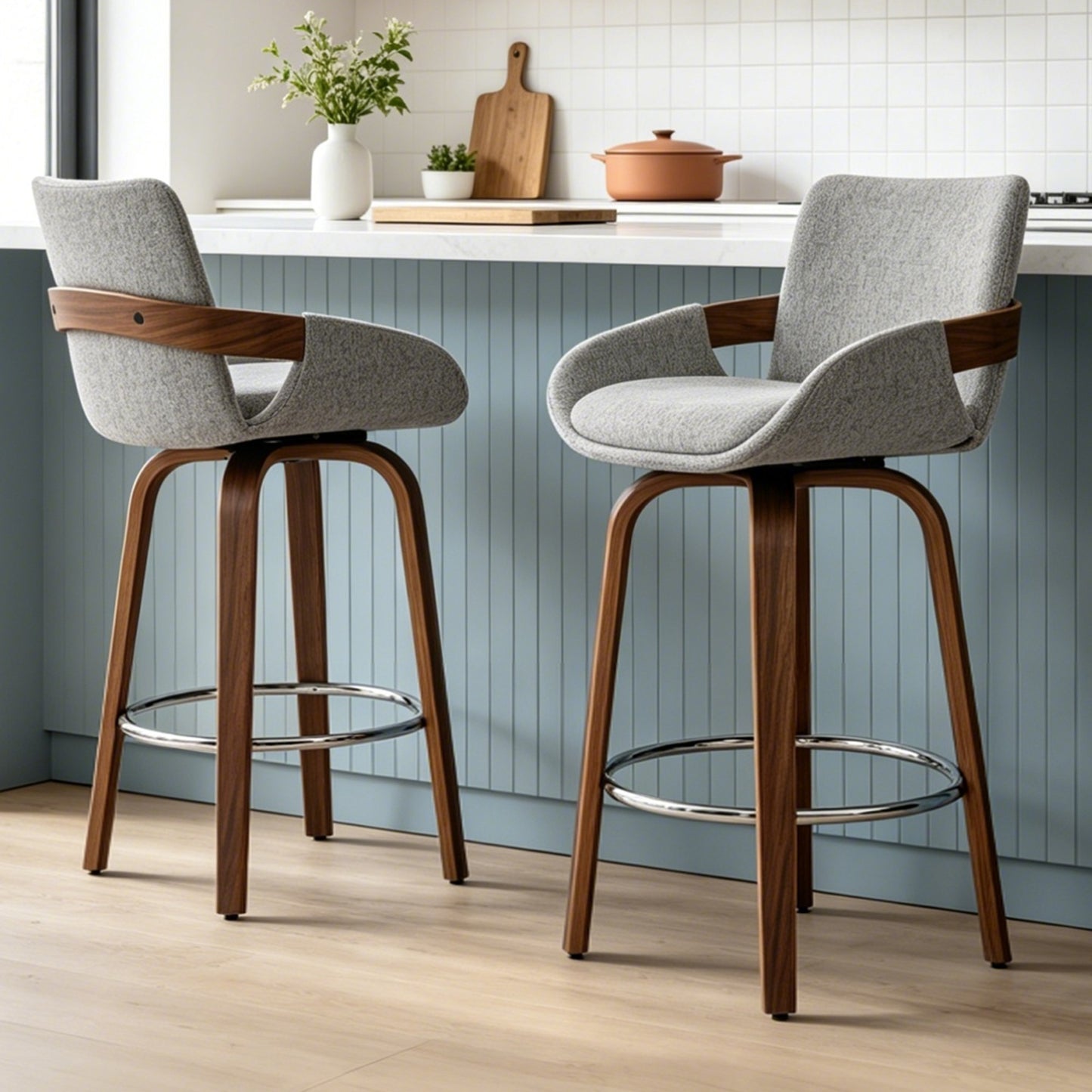ClinQ Counter Height Swivel Bar Stools, Linen Fabric Upholstered 360° Rotating Chairs with Walnut Legs and Metal Footrest,