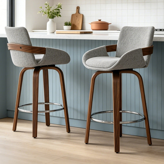 ClinQ Counter Height Swivel Bar Stools, Linen Fabric Upholstered 360° Rotating Chairs with Walnut Legs and Metal Footrest,