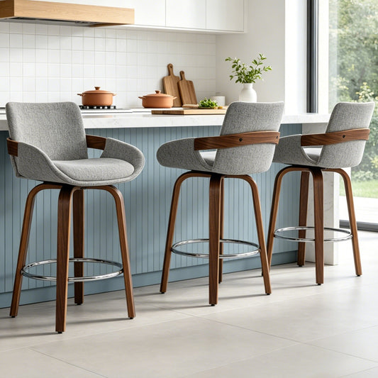 ClinQ Counter Height Swivel Bar Stools, Linen Fabric Upholstered 360° Rotating Chairs with Walnut Legs and Metal Footrest,
