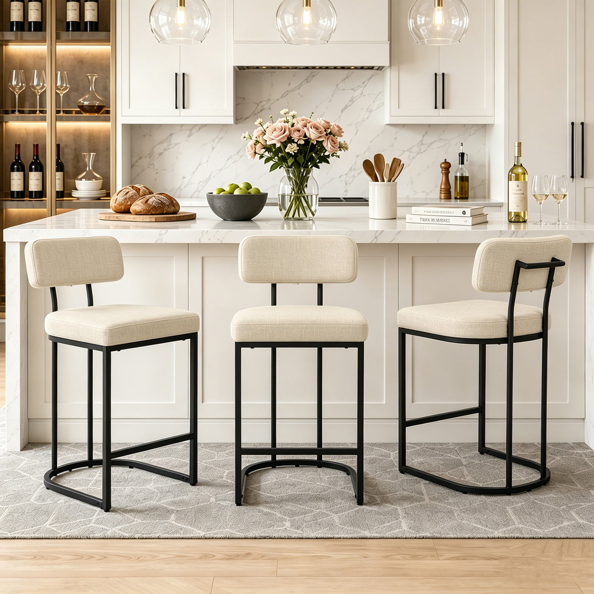 CRERIYO Counter Height Bar Stool Set of 1, Upholstered Kitchen Island Chair with Thick Padded Seats, Backrests and Sturdy Metal Frame