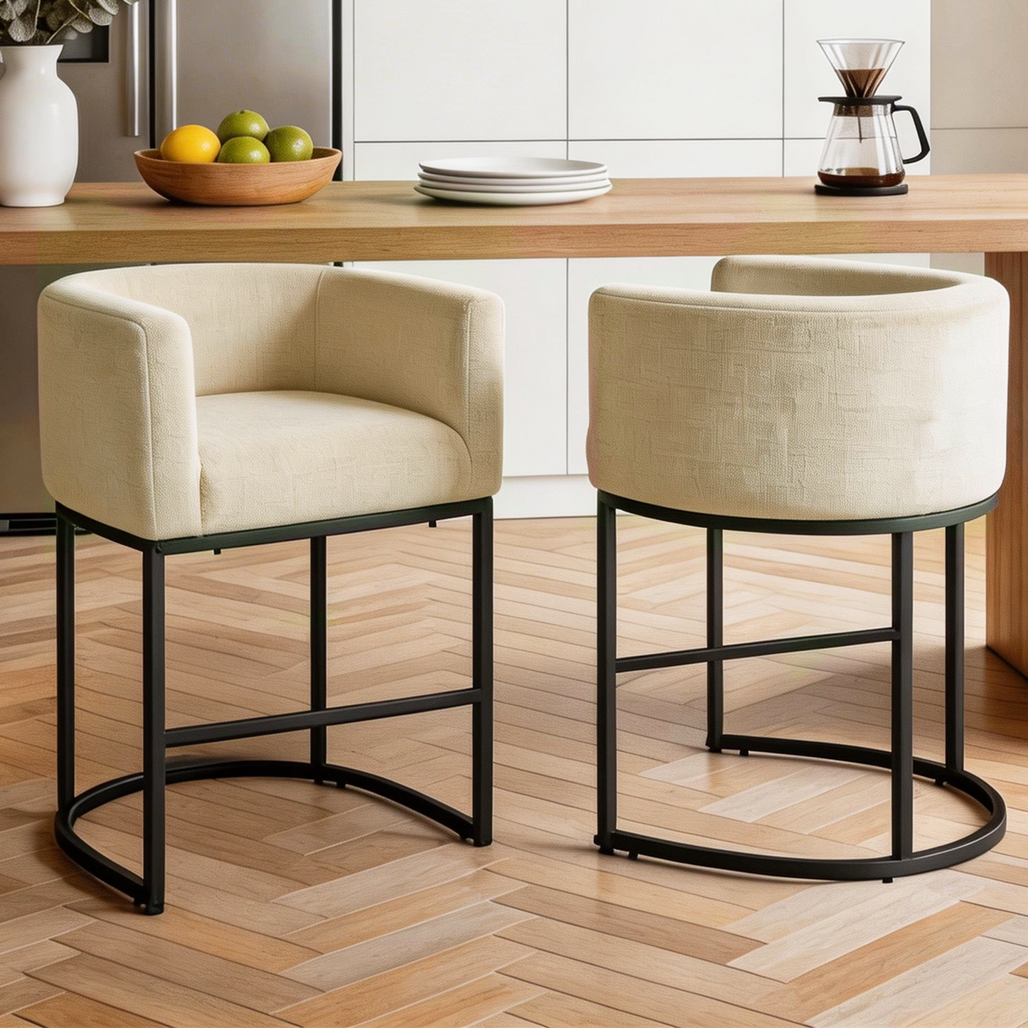 ClinQ Counter Height Bar Stool Set of 2, 26 in Fabric Upholstered Seat, Metal Legs for Indoor Dining Room and Kitchen Island