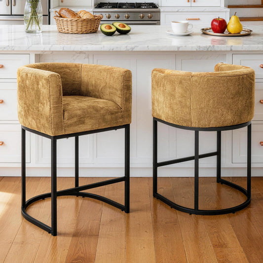 CRERIYO 26" Counter Height Bar Stools, Chenille Upholstered Modern Barrel Bar Chairs with Metal Frame
