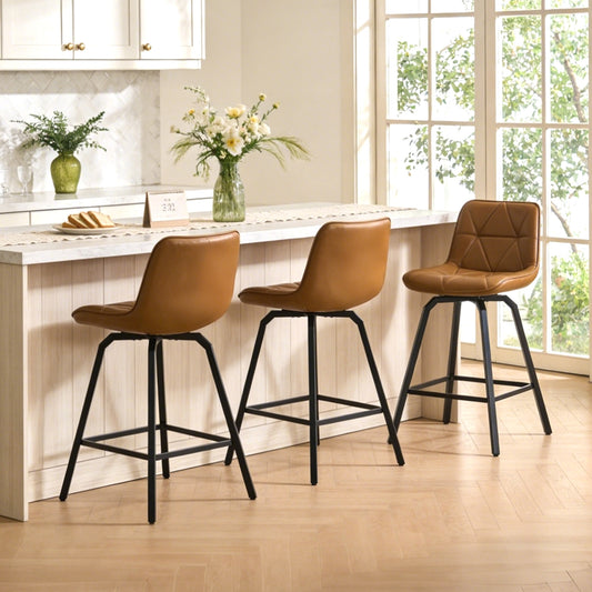 ClinQ 26 inch Swivel Counter Height Bar Stool Set of 3, Faux Leather Seat with Metal Legs and Back