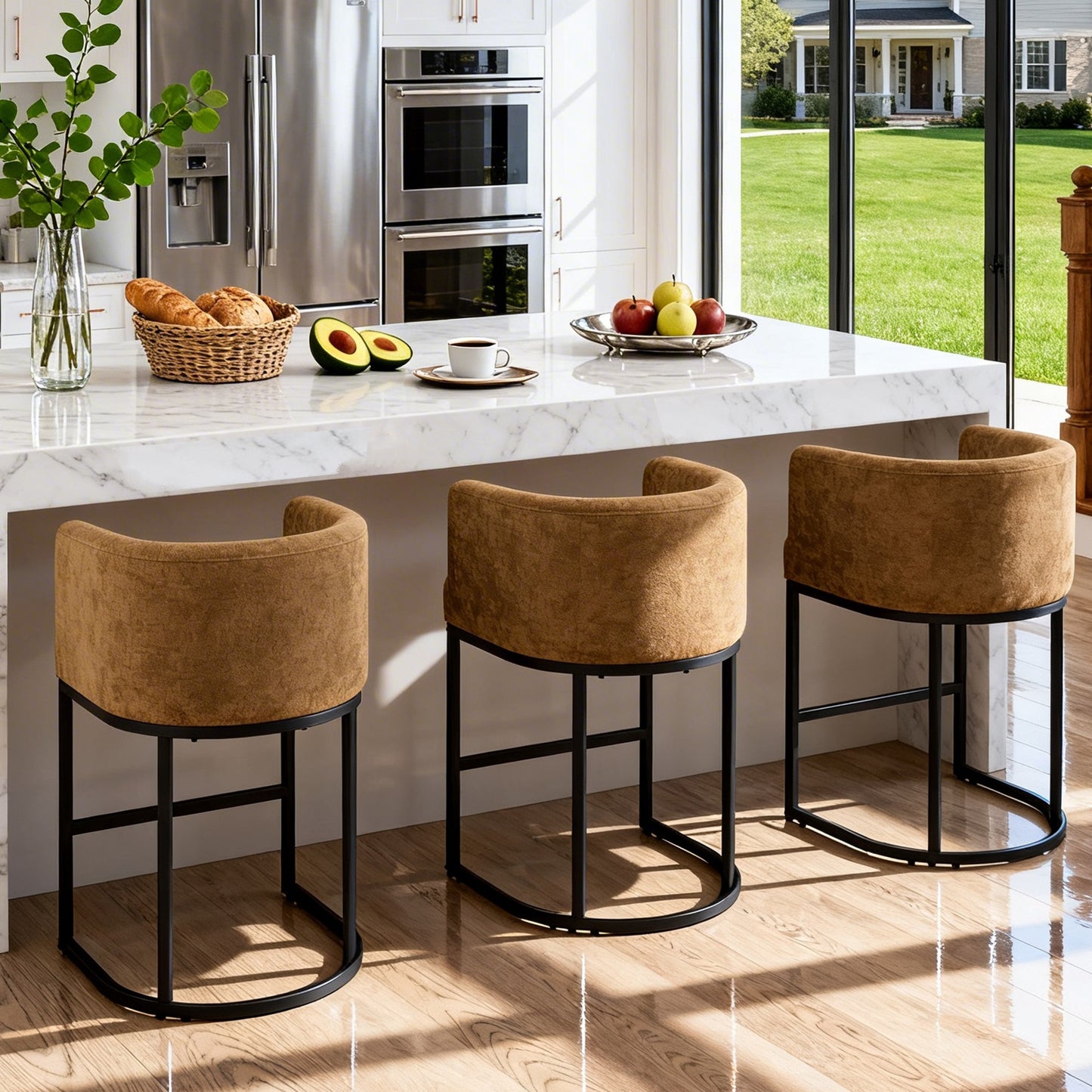 CRERIYO 26" Counter Height Bar Stools, Chenille Upholstered Modern Barrel Bar Chairs with Metal Frame