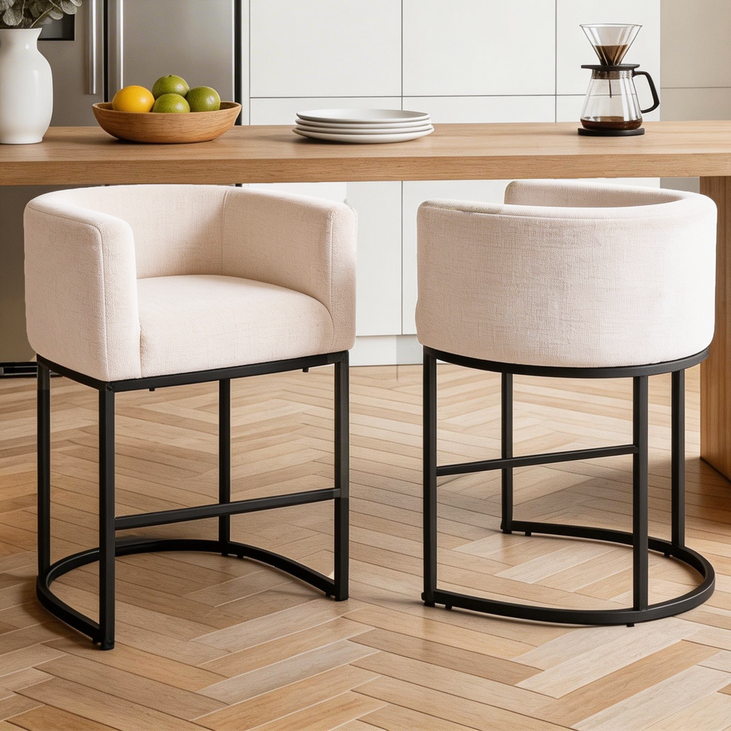 FANCROU 26" H Counter Height Bar Stools Set of 1, Fabric Barrel Stools with Back and Arms