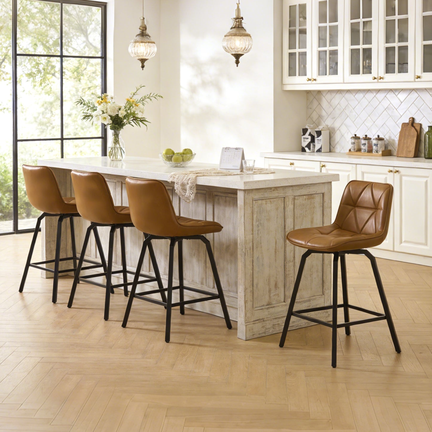 ClinQ 26 inch Swivel Counter Height Bar Stool Set of 3, Faux Leather Seat with Metal Legs and Back