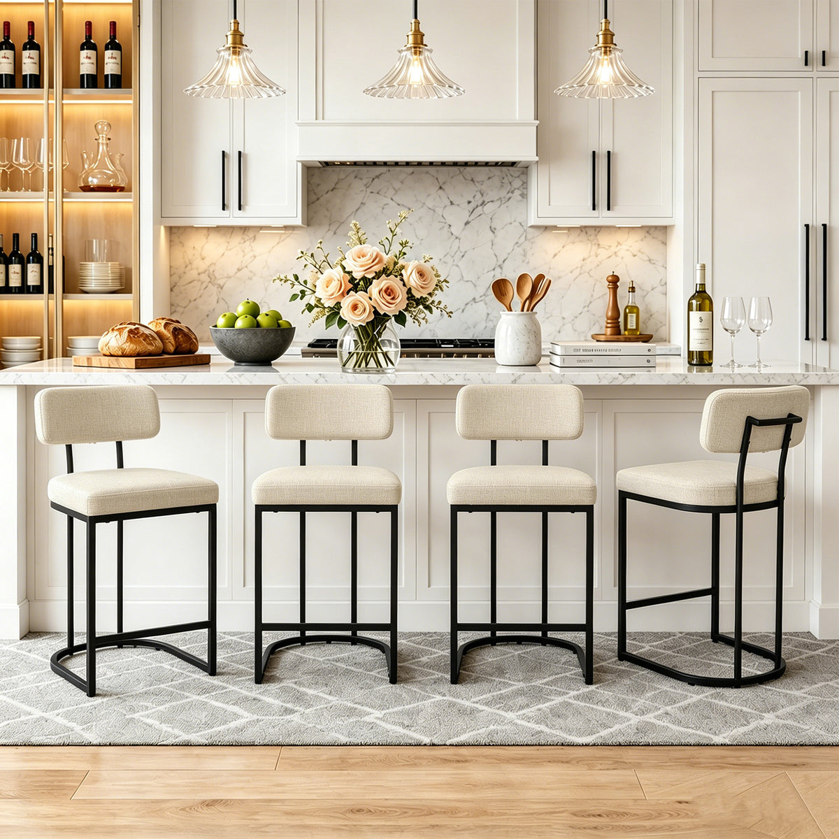 CRERIYO Counter Height Bar Stool Set of 1, Upholstered Kitchen Island Chair with Thick Padded Seats, Backrests and Sturdy Metal Frame