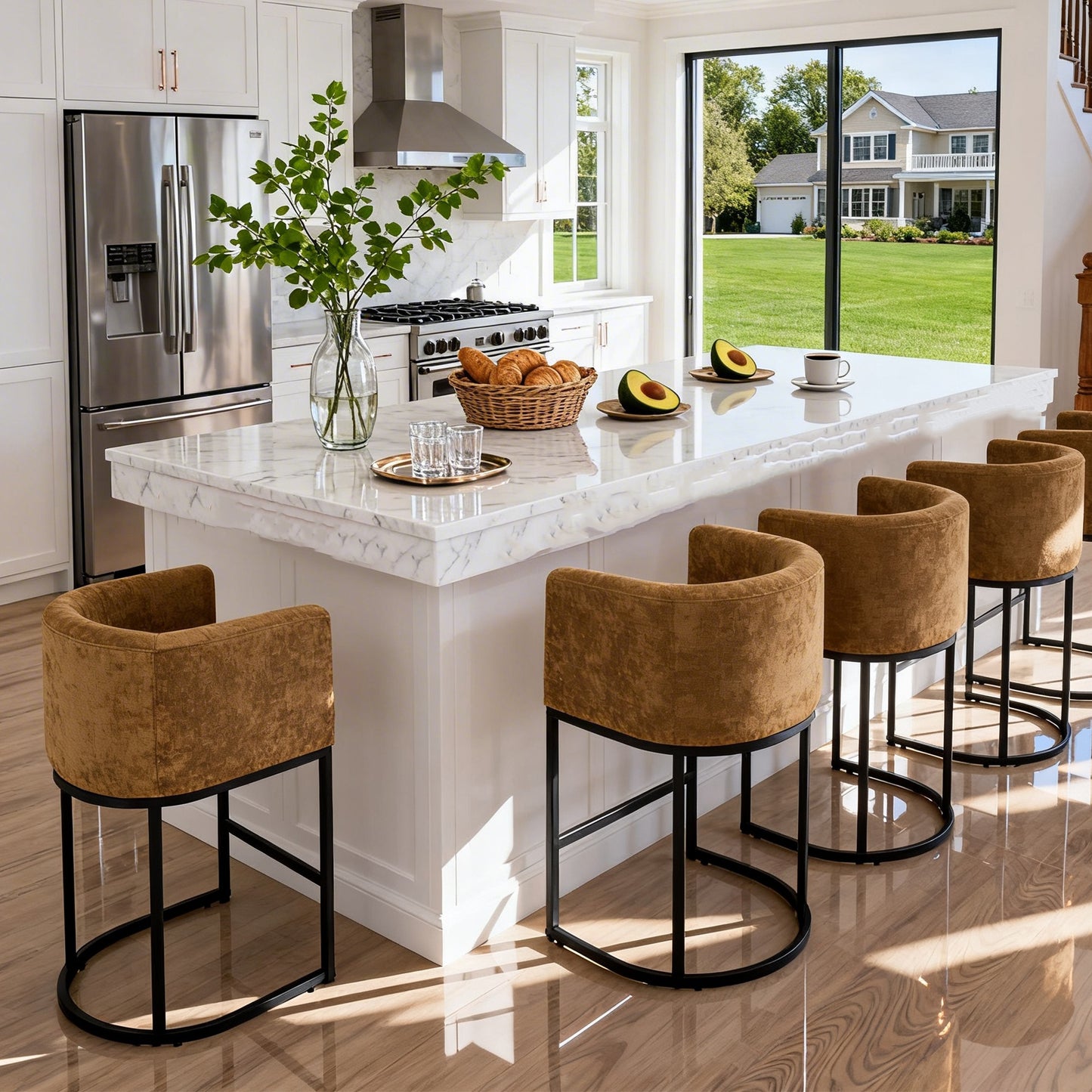 CRERIYO 26" Counter Height Bar Stools, Chenille Upholstered Modern Barrel Bar Chairs with Metal Frame