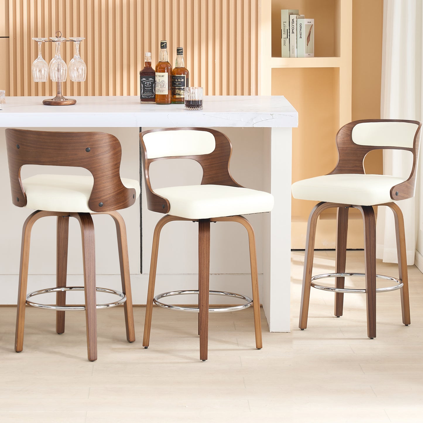 FANCROU 26 inch Swivel Counter Height Bar Stools Set Of 1, PU Leather Seat With Bentwood Back And Legs