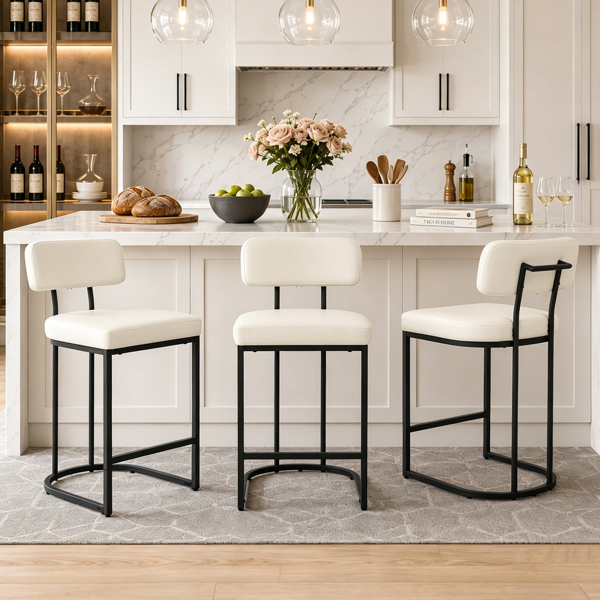 CRERIYO Counter Height Bar Stool Set of 1, Upholstered Kitchen Island Chair with Thick Padded Seats, Backrests and Sturdy Metal Frame