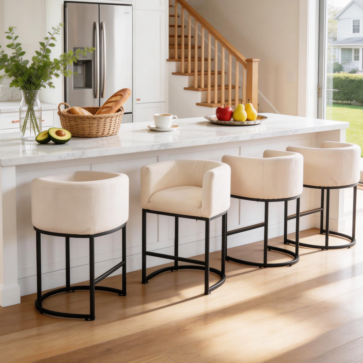 27 in Counter Height Bar Stools, Fabric Upholstered Modern Barrel Accent Stools with Metal Frame