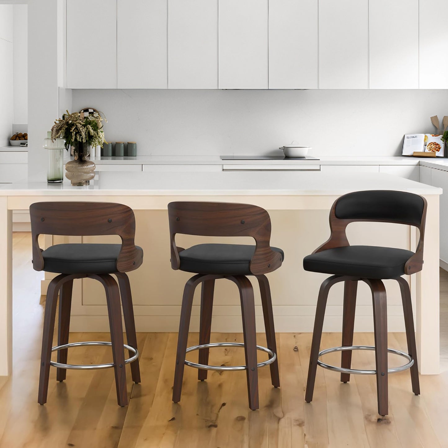 FANCROU 26 inch Swivel Counter Height Bar Stools Set Of 1, PU Leather Seat With Bentwood Back And Legs
