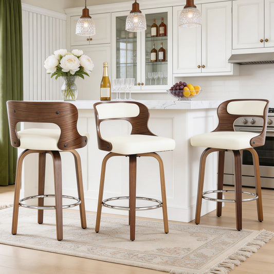 ClinQ 26 inch Swivel Bar Stools Set of 2, Counter Height Bar Chairs with Walnut Legs and Silver Ring Footrest, Upholstered Faux Leather, White