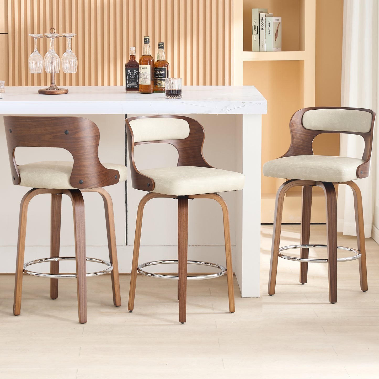 FANCROU 26 inch Swivel Counter Height Bar Stools Set Of 1, PU Leather Seat With Bentwood Back And Legs