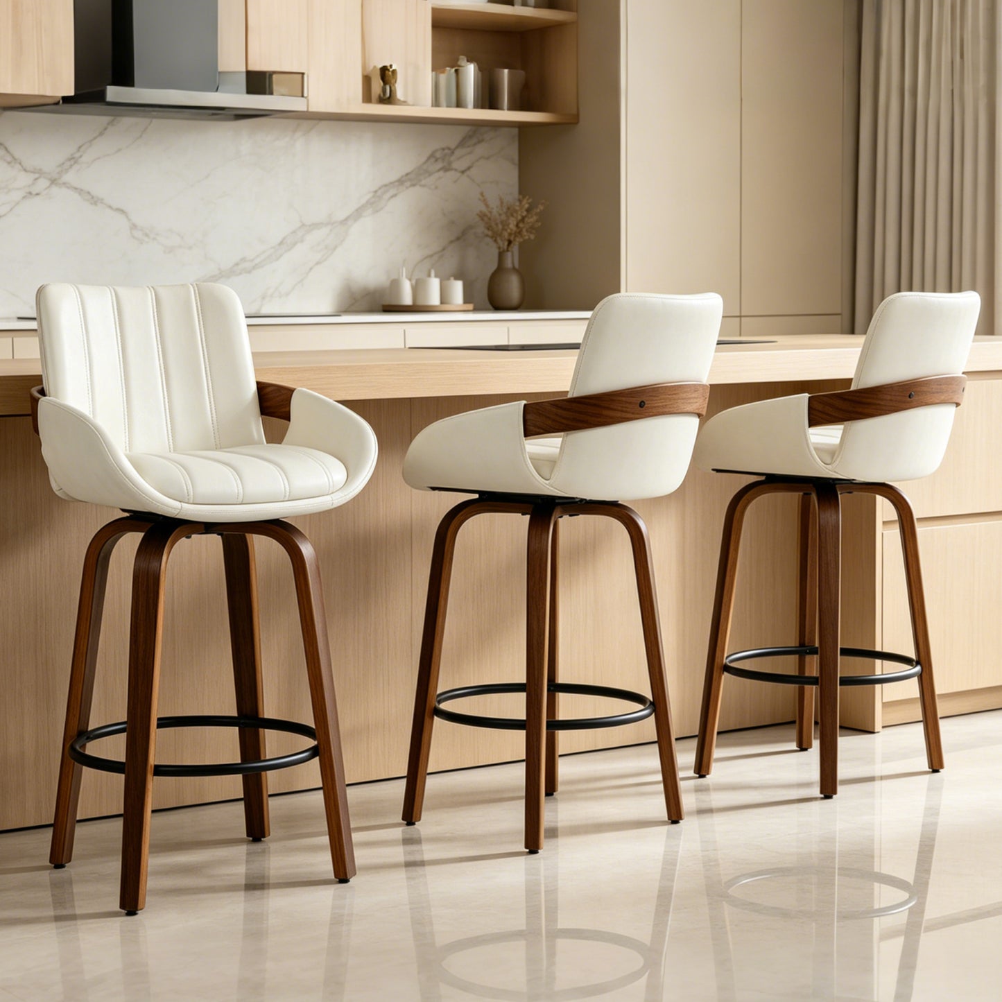 CRERIYO 26" Swivel Counter Height Bar Stools, PU Leather Upholstered Bar Chairs with Black Ring Footrest and Walnut Wood Legs, Beige