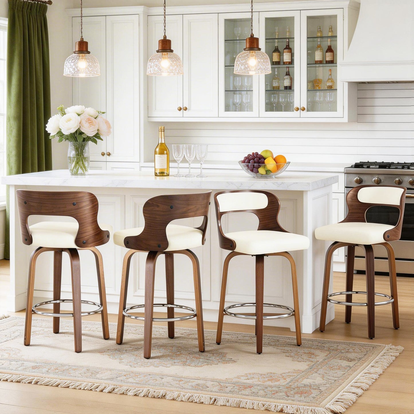 27 inch Swivel Counter Height Bar Stools, PU Leather Seat with Bentwood Legs and Metal Silver Ring for Kitchen Island