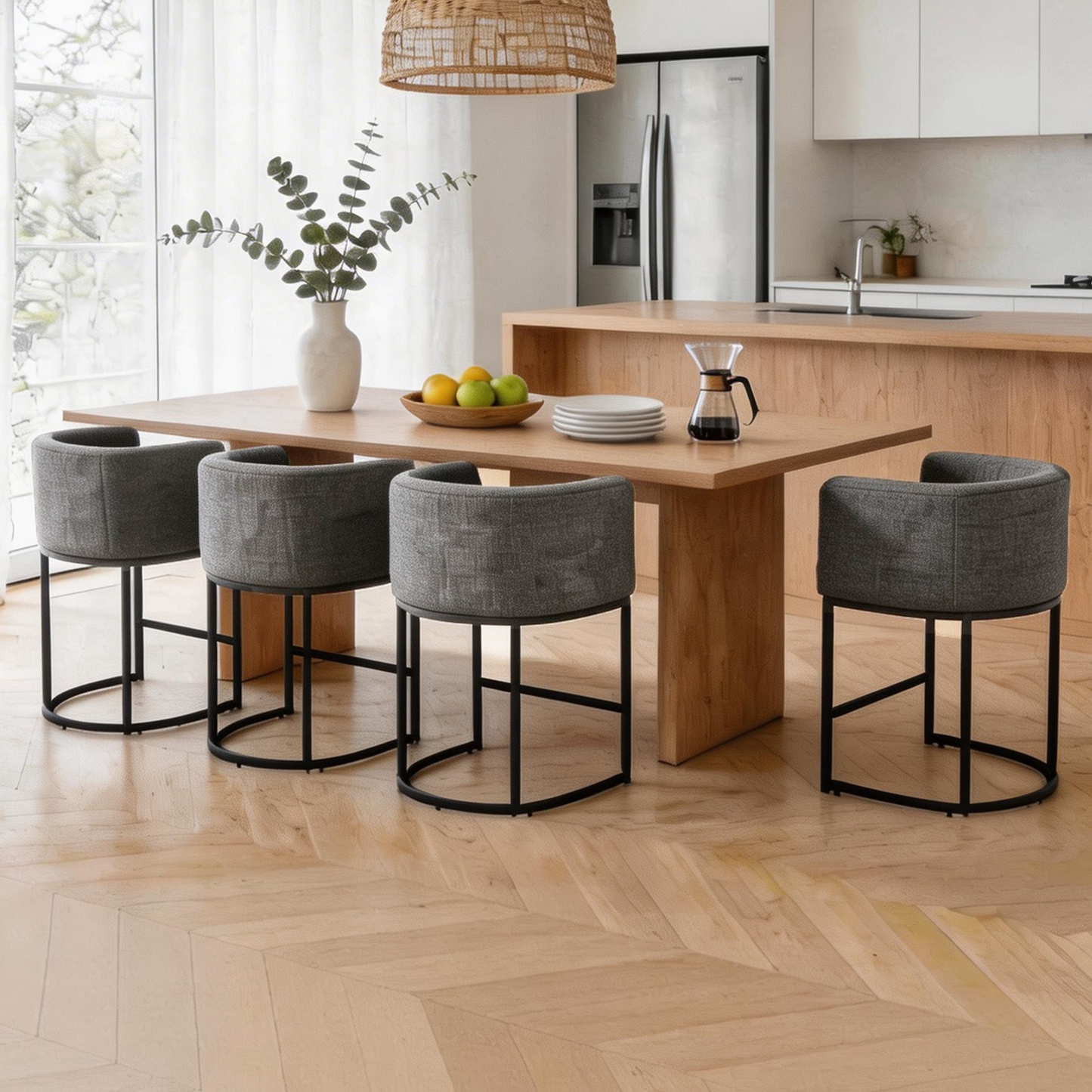 ClinQ Counter Height Bar Stool Set of 2, 26 in Fabric Upholstered Seat, Metal Legs for Indoor Dining Room and Kitchen Island