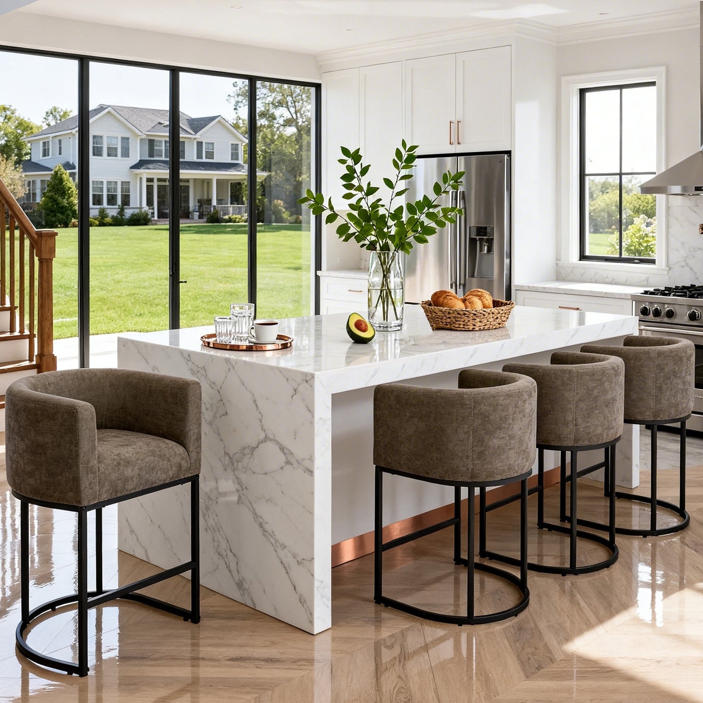 CRERIYO 26" Counter Height Bar Stools, Chenille Upholstered Modern Barrel Bar Chairs with Metal Frame