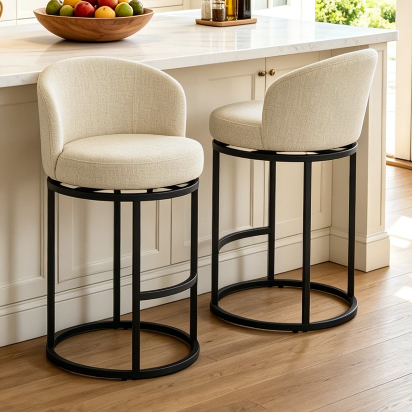 27" Counter Height Bar Stools, Fabric Upholstered Swivel Barrel Bar Chairs with 90° Auto Return and Metal Frame, Black