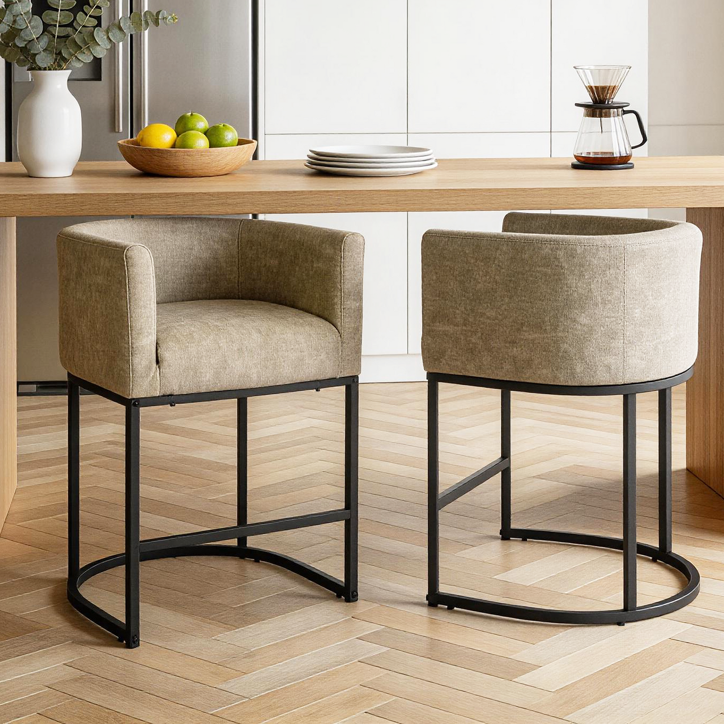 ClinQ 26" Counter Height Bar Stools Set of 3, PU Leather Barrel Bar Chairs with Back and Arms for Kitchen Island