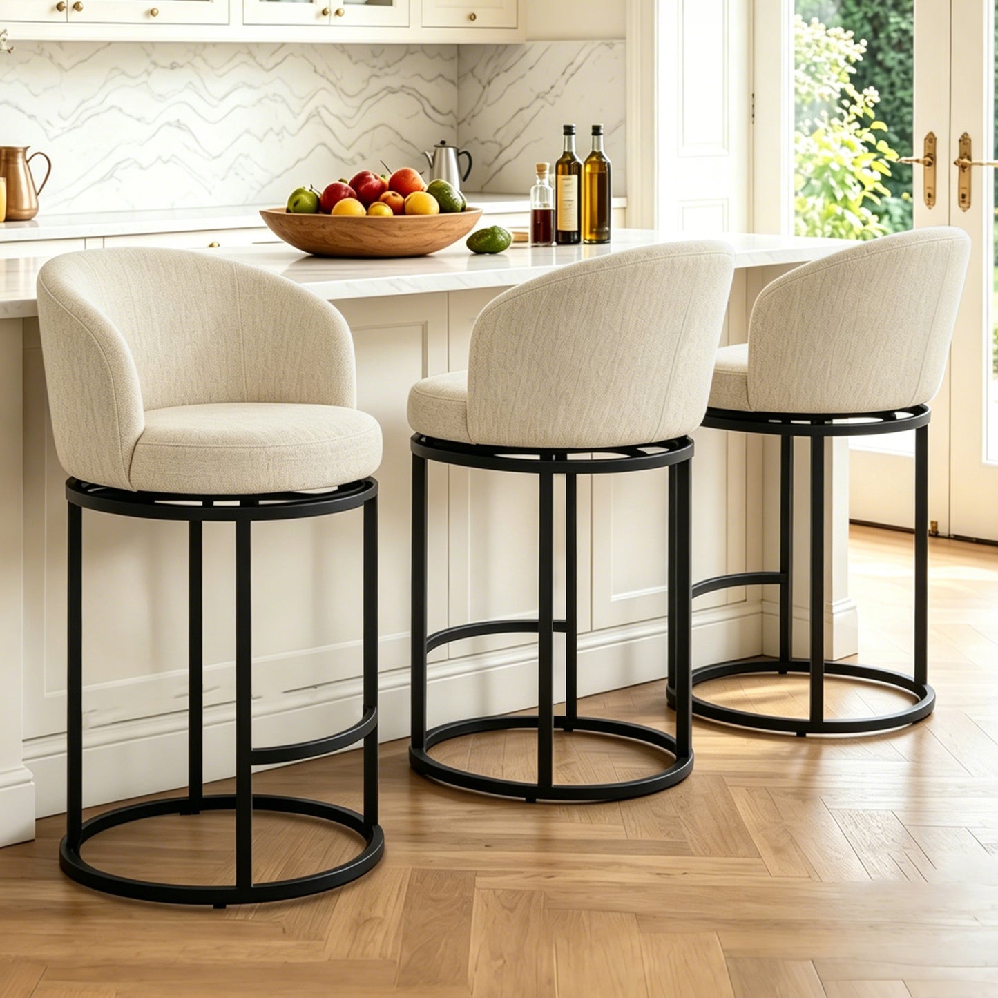 27" Counter Height Bar Stools, Fabric Upholstered Swivel Barrel Bar Chairs with 90° Auto Return and Metal Frame, Black
