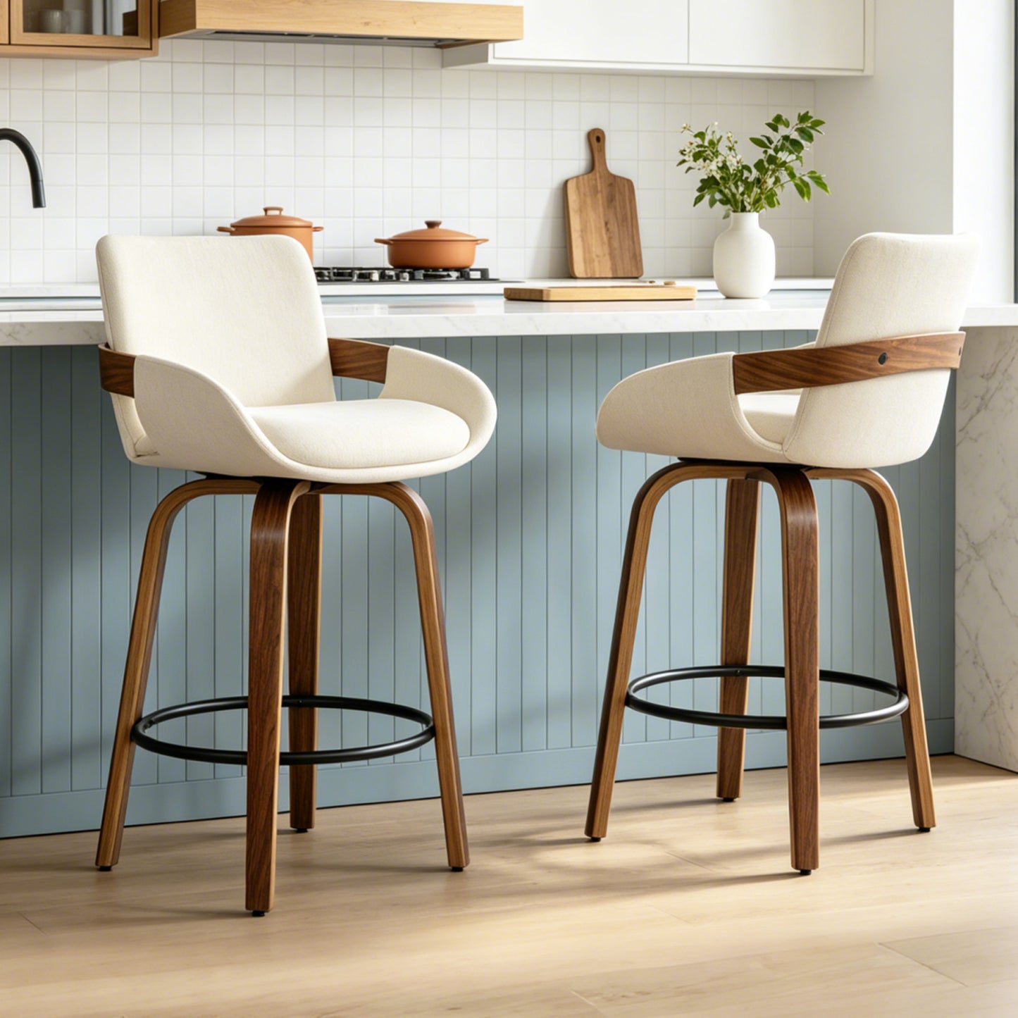 ClinQ Counter Height Swivel Bar Stools, Linen Fabric Upholstered 360° Rotating Chairs with Walnut Legs and Metal Footrest,