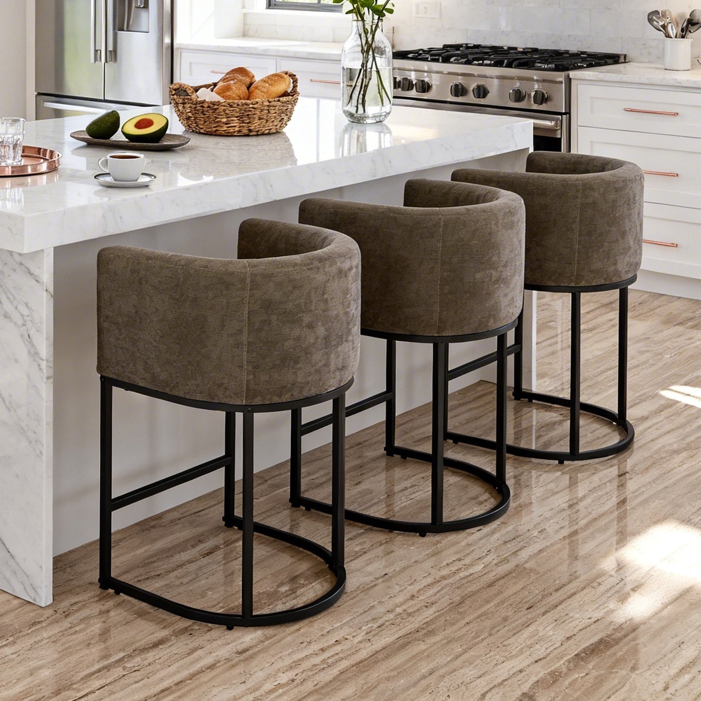 CRERIYO 26" Counter Height Bar Stools, Chenille Upholstered Modern Barrel Bar Chairs with Metal Frame
