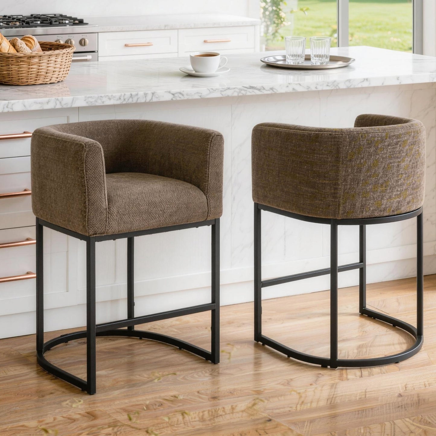 CRERIYO 26" Counter Height Bar Stools, Chenille Upholstered Modern Barrel Bar Chairs with Metal Frame